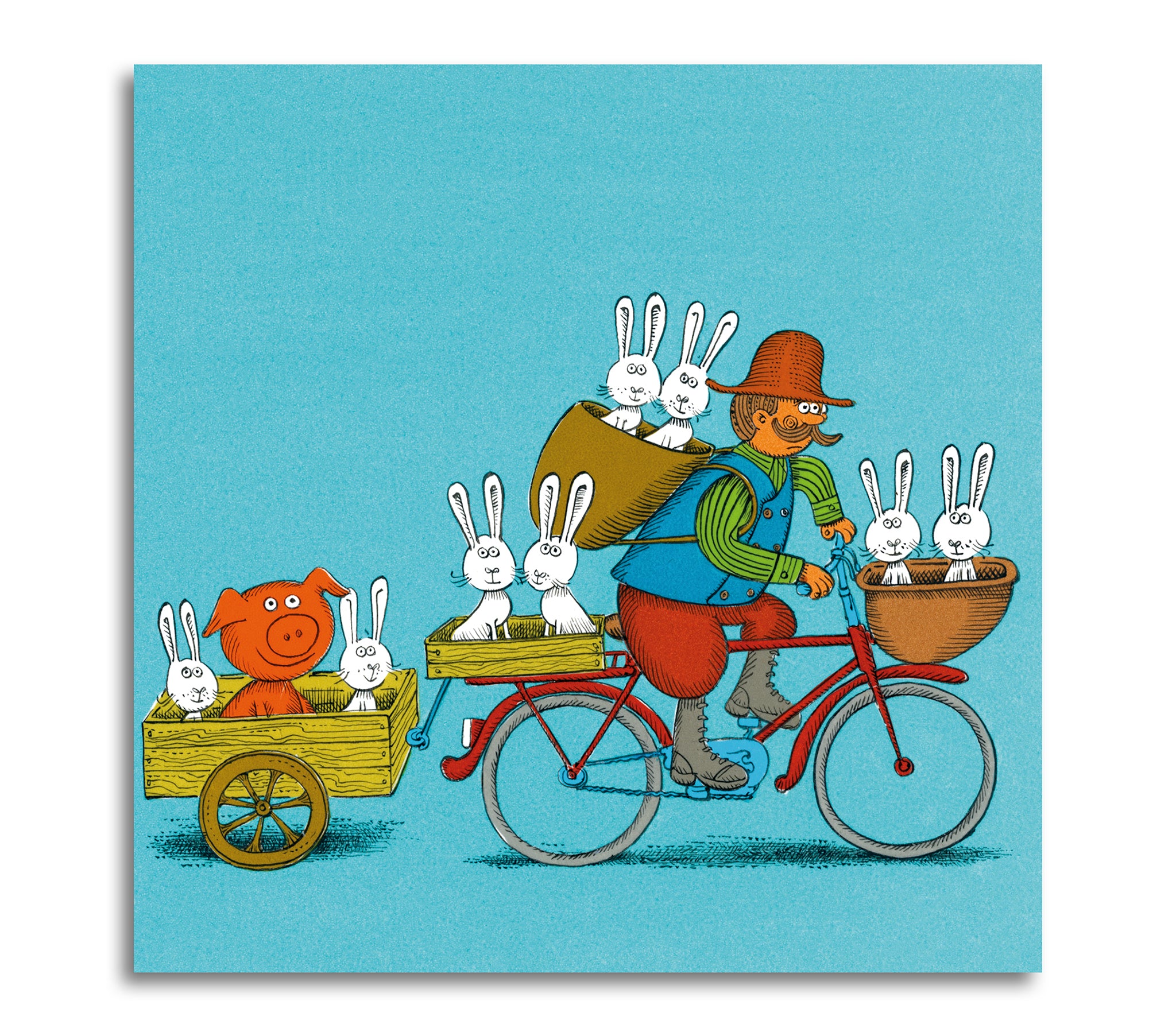 Bonden Per med kaniner på cykeltur