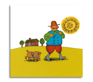 Per the farmer with his round dog
